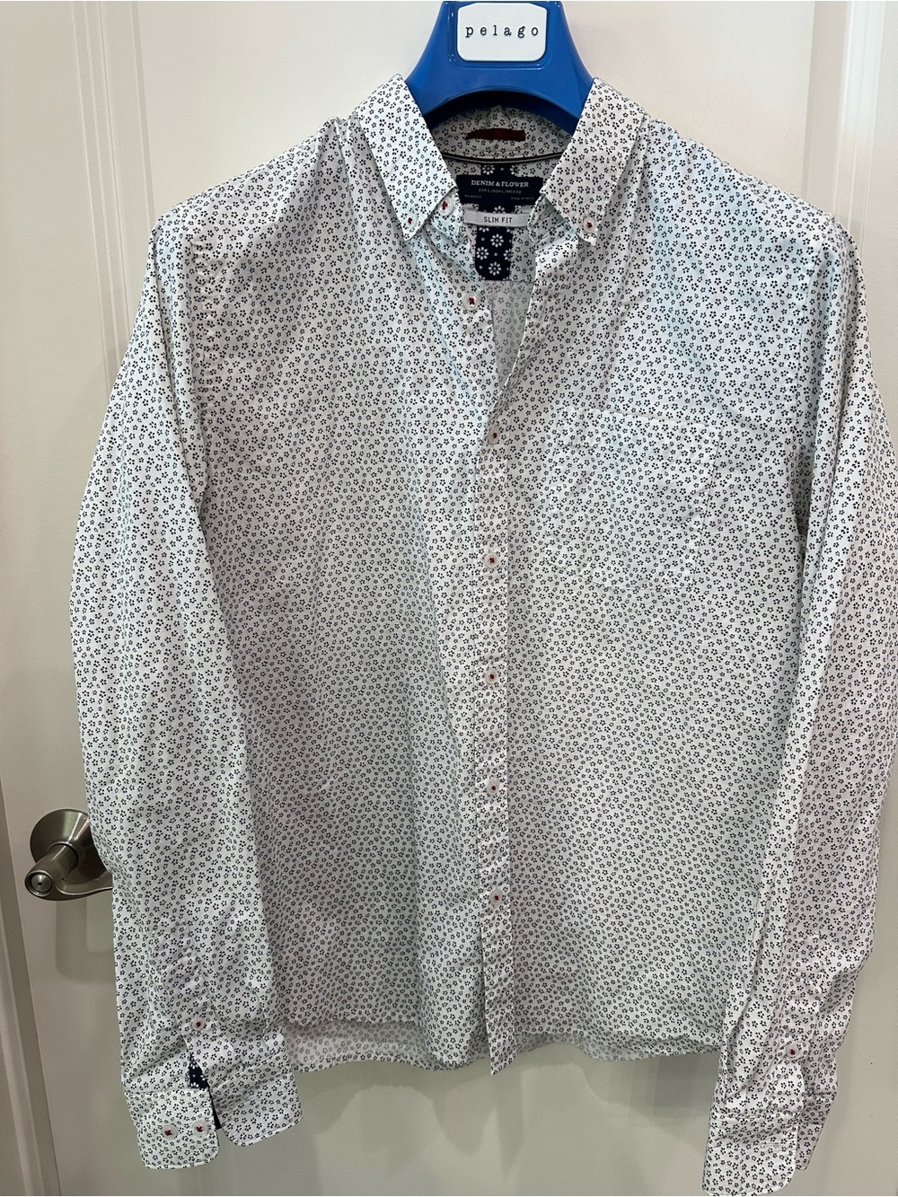 Denim & Flower White Button-Up Shirt with Navy Micro Floral Print